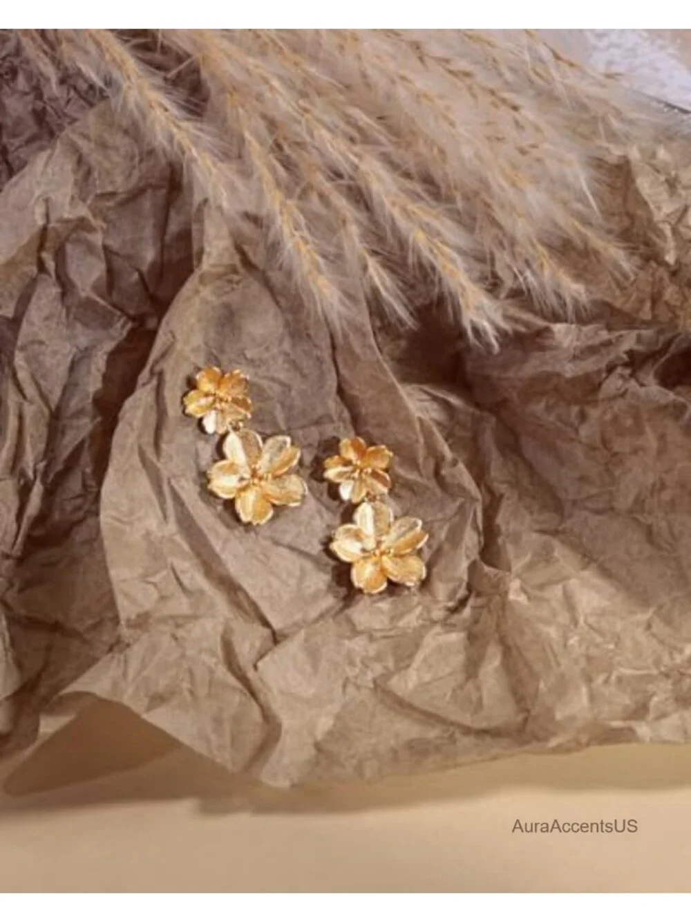 14K Gold Plated Double Flower Dangle Earrings Chunky Statement Women